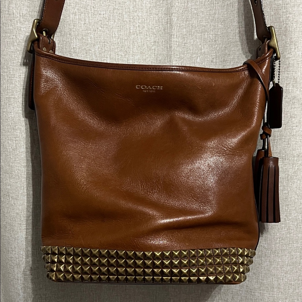 Coach Tan Leather Crossbody Bag with Gold Studs
